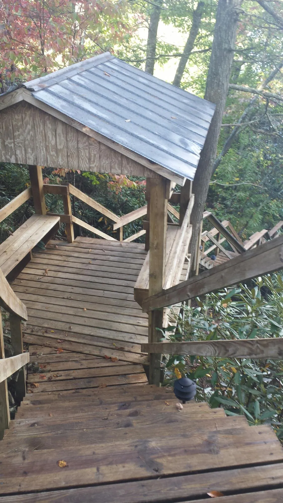 Metal roofed shelter over wooden steps on a wooded walkway — Skylight Repair & Installation work by our crew in Lake Park
